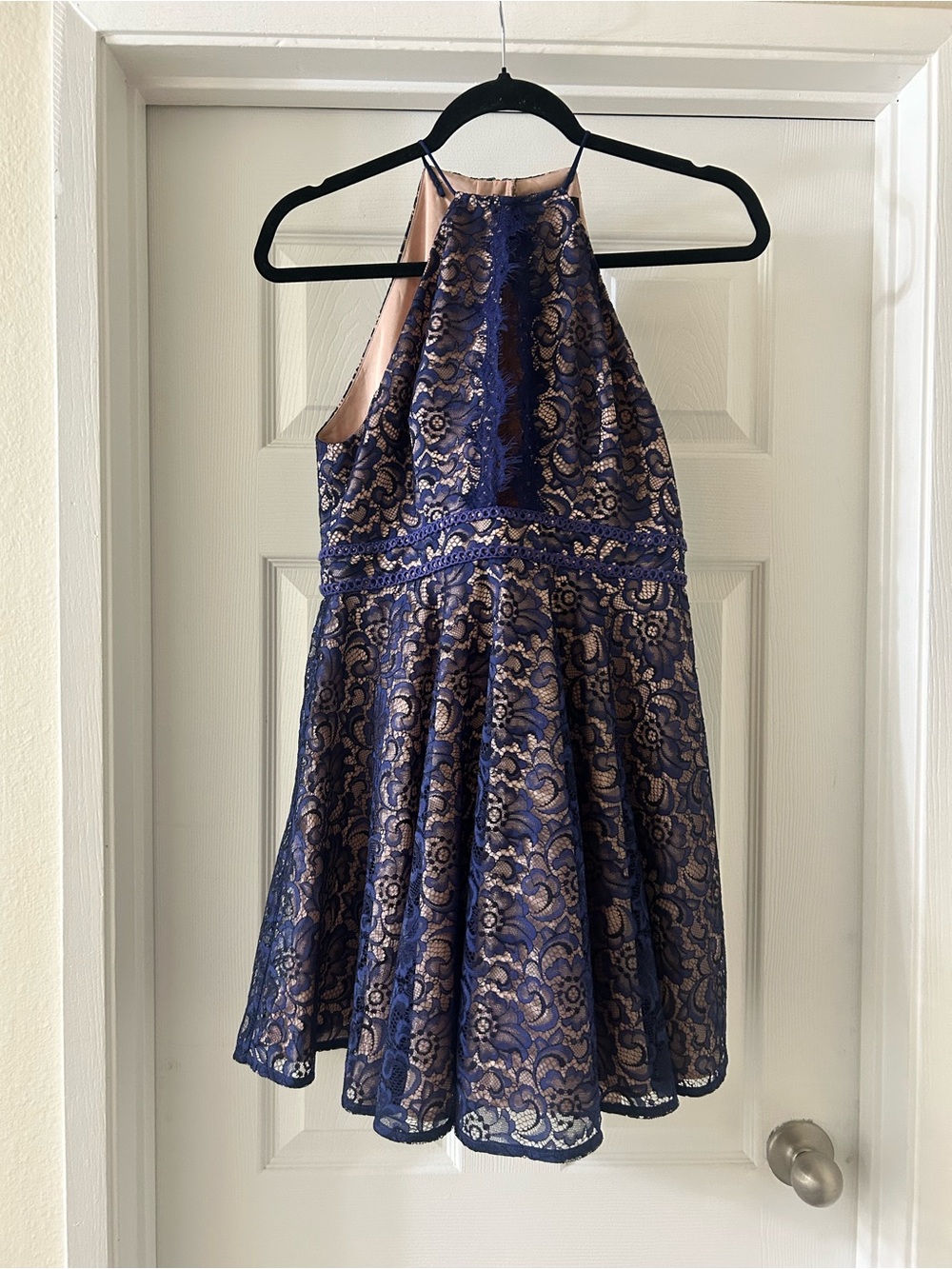 Stylestalker Navy Lace Halter Dress with Blush Lining
